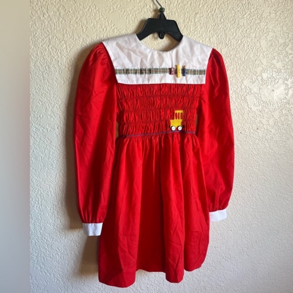 Vintage Polly Flinders Girls 6 Smocked Dress Red School Bus Applique Long Sleeve